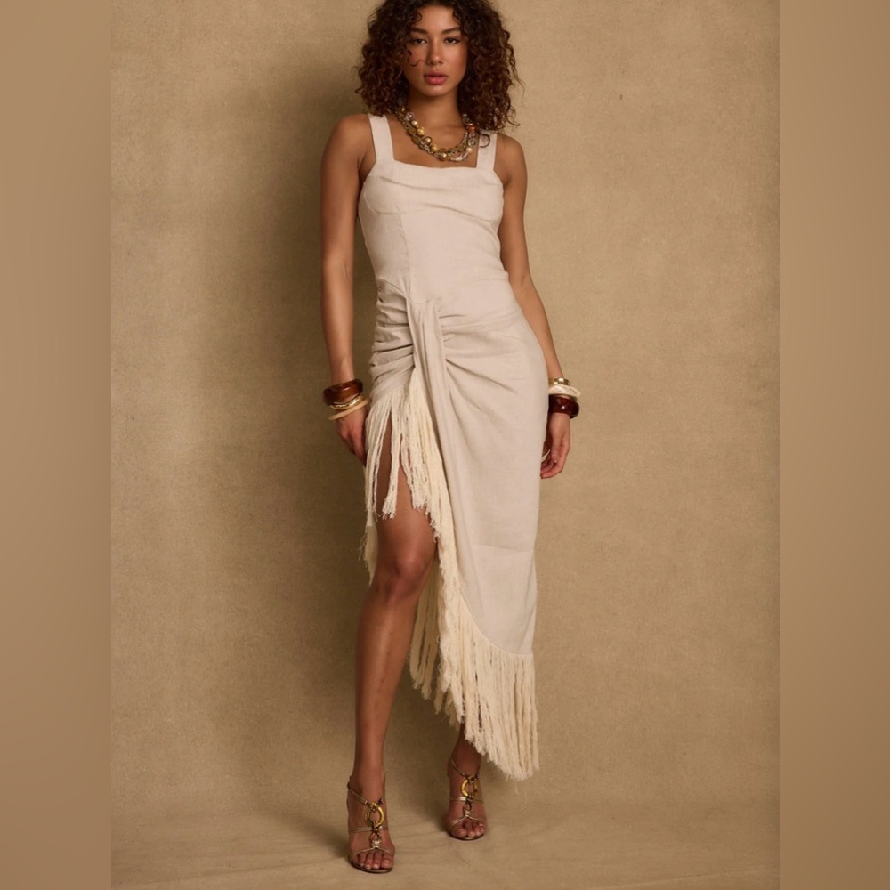 NEW 12th Tribe Serenade Beige Linen Wrap Fringe Dress Large NWT